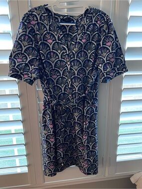 Navy Floral Print Short Sleeve Dress with Tie Waist